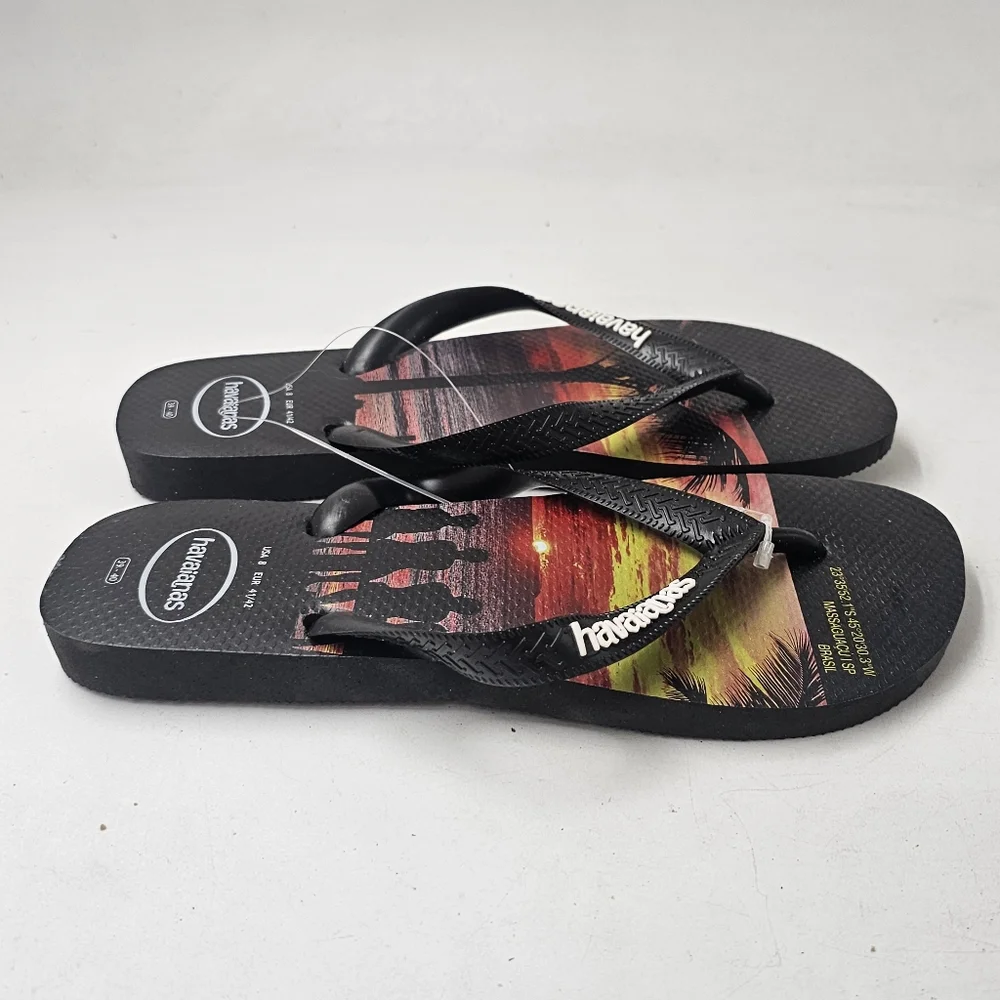 Havaianas Hype Sunset Graphic Flip Flops Black Rubber Sandals Sz 8